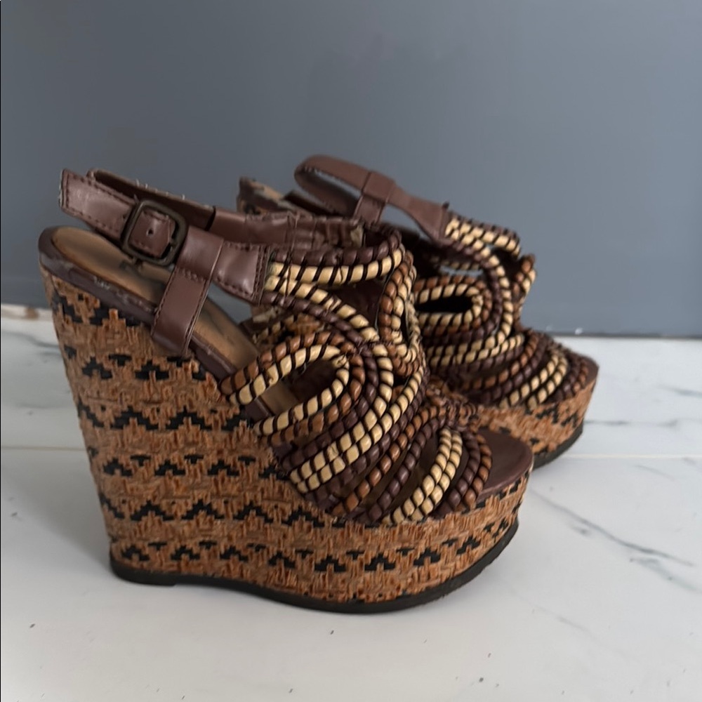Brown and Tan Woven Wedge Sandals